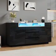 Credenza soggiorno nera 140 cm mobile buffet lucido con LED e cassetti