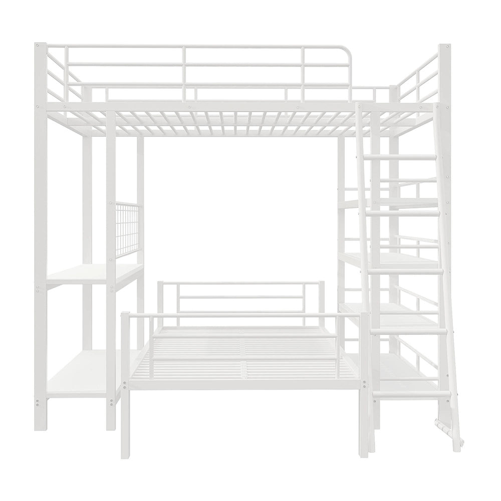 Letto mezzanino metallico 140x200cm - Xylo - bianco, ripiani integrati