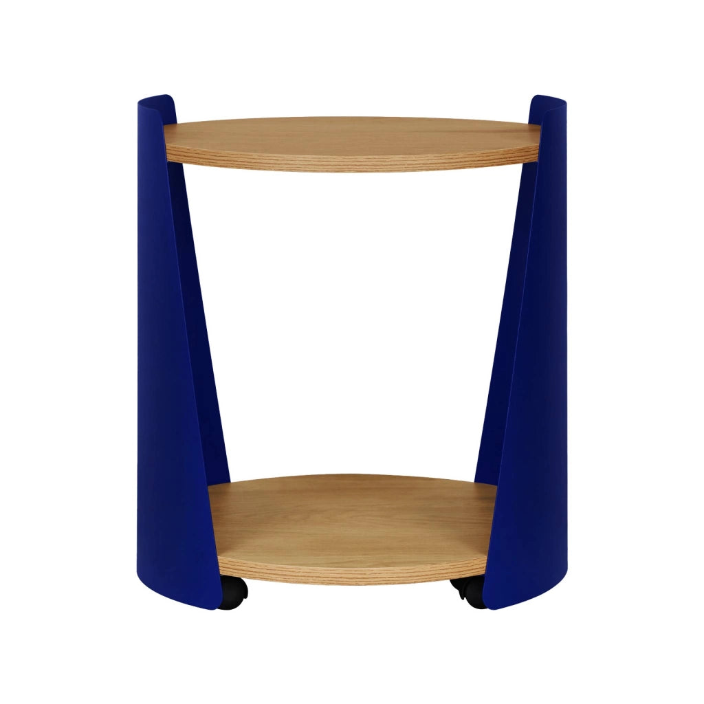 Tavolino e comodino in metallo curvato e legno con ruote, blu