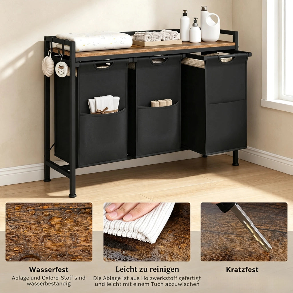 Portabiancheria a 3 scomparti con ripiano e 2 ganci; 96 x 30 x 71 cm; nero e marrone rustico
