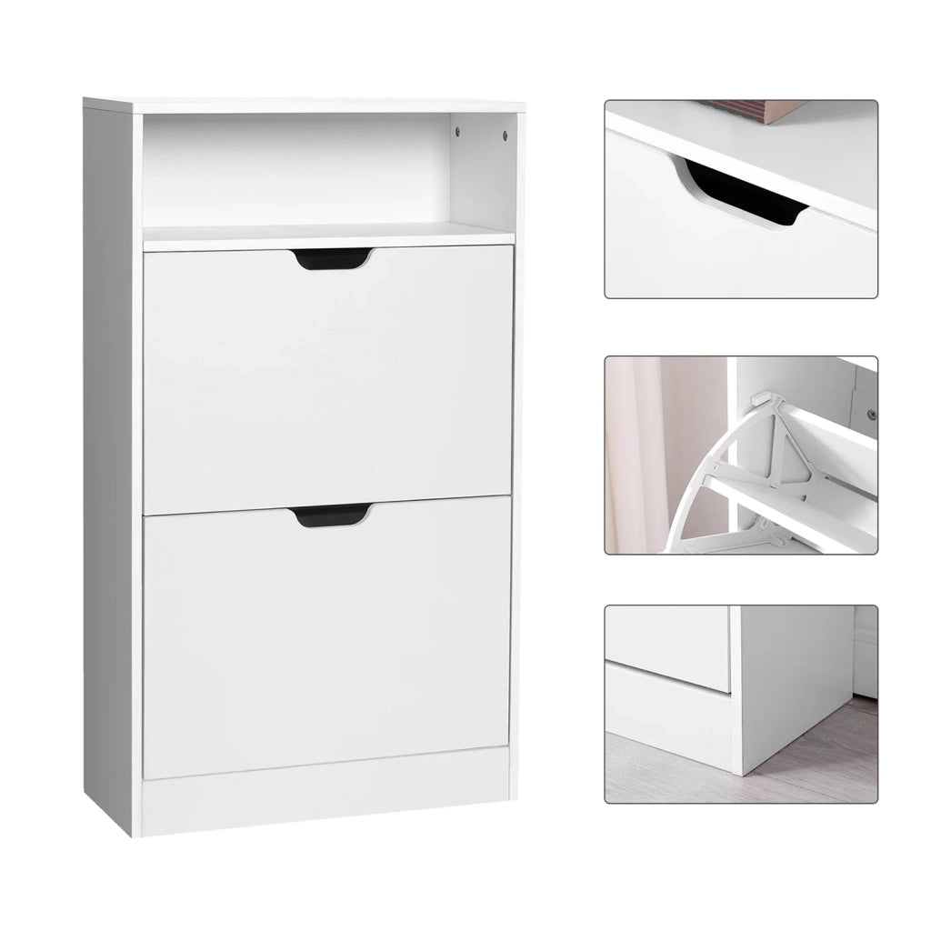Scarpiera con 2 ante a ribalta scarpiera a 3 ripiani con 1 scomparto aperto impiallacciatura in melamina facile da pulire 60 x 24 x 102 cm bianco 12_0006357