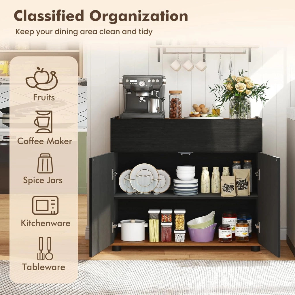 Credenza da cucina, mobile ausiliario con 1 grande cassetto e 2 ante, piano con bordo rialzato, apertura a pressione, 80 x 35 x 70 cm, armadio portaoggetti per ingresso, soggiorno