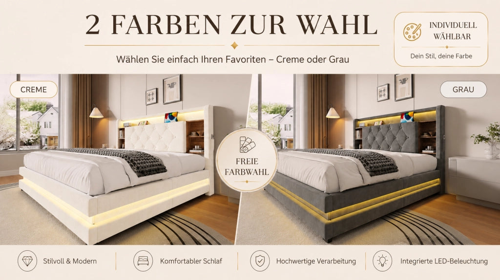 Letto contenitore 140 × 200 cm con testiera multifunzione, LED, USB e Type-C, senza materasso, beige