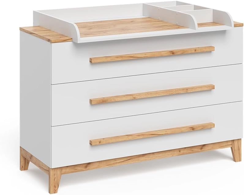 Fasciatoio Malia, Bianco/Artisan, 133.2 x 98 cm con 3 cassetti, con fasciatoio rimovibile per l'utilizzo come cassettiera