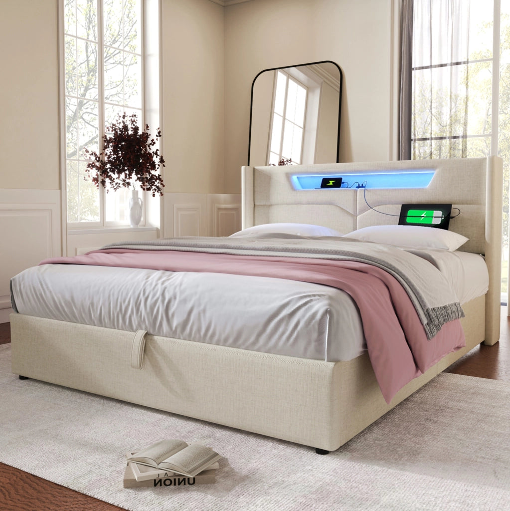 Letto contenitore beige 160 x 200 cm con LED, USB e porta Type-C