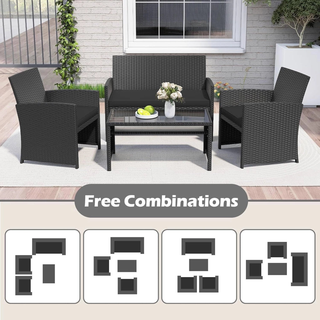 Set di salotto da giardino esterno in rattan PE 4 pezzi, divano a 2 posti, 2 poltrone, tavolino da salotto con piano in vetro, per 4 persone, mobili da giardino per terrazza, patio, nero