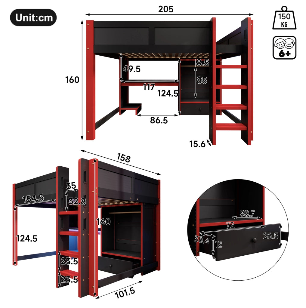Letto a soppalco gaming 140x200 cm con scrivania nero/rosso