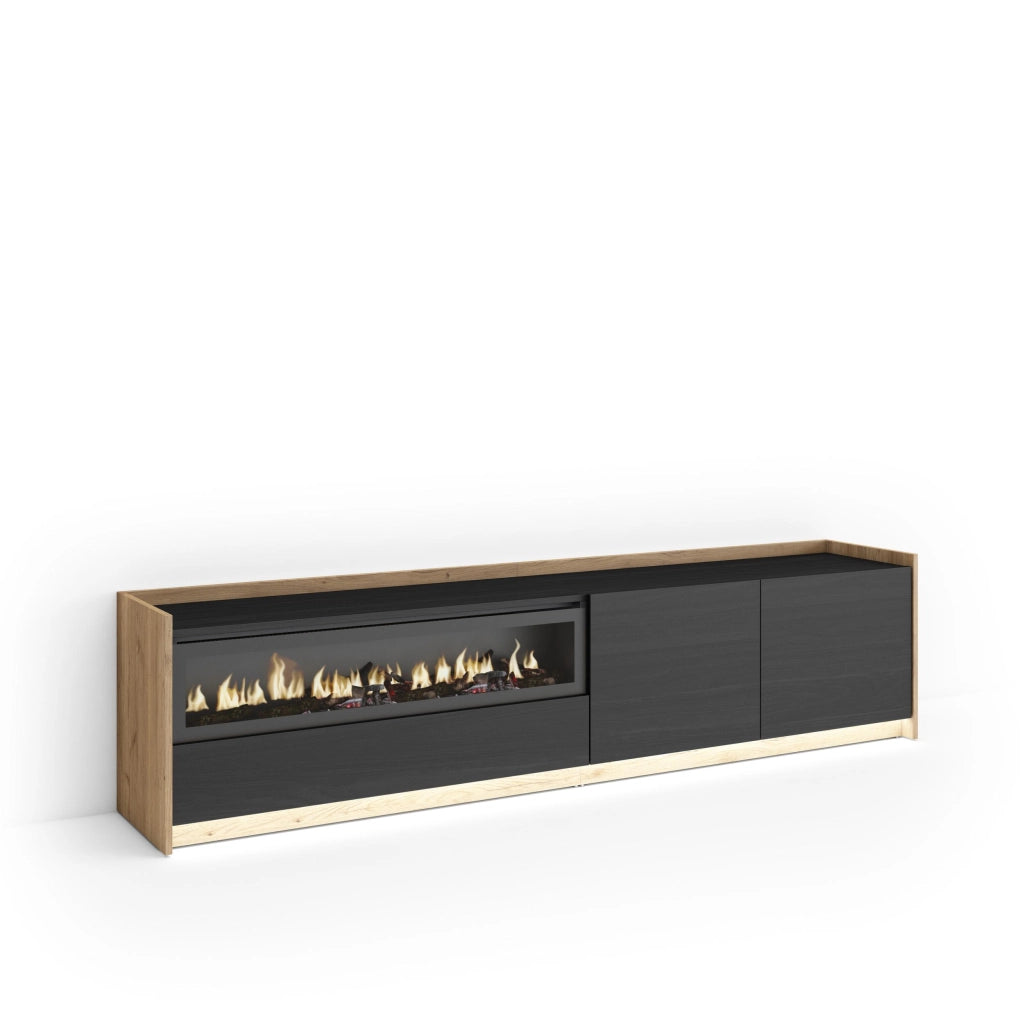 Mobile TV Soggiorno, 207x50x37 cm, Per TV fino a 80", Camino elettrico, LED, Nero e rovere