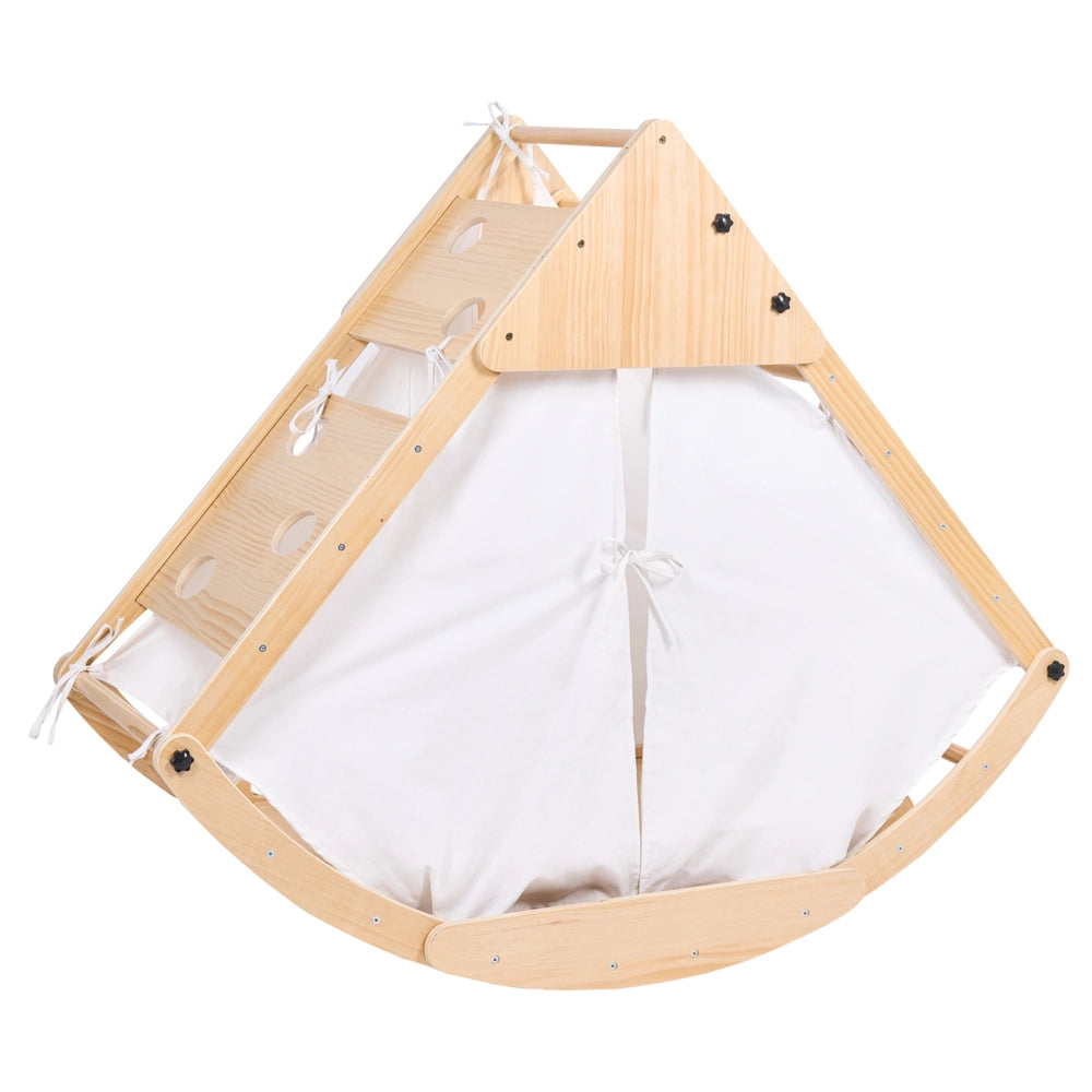 Set triangolare Pikler in legno di pino marrone chiaro, struttura da arrampicata Montessori 4 in 1 con arco e rampa, per la cameretta dei bambini