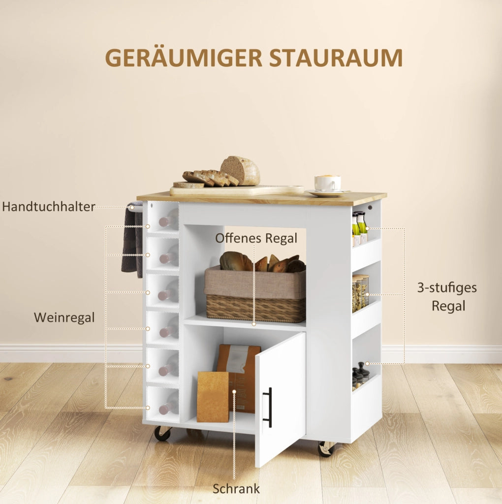 Carrello da cucina con piano in legno, ripiani e portabottiglie