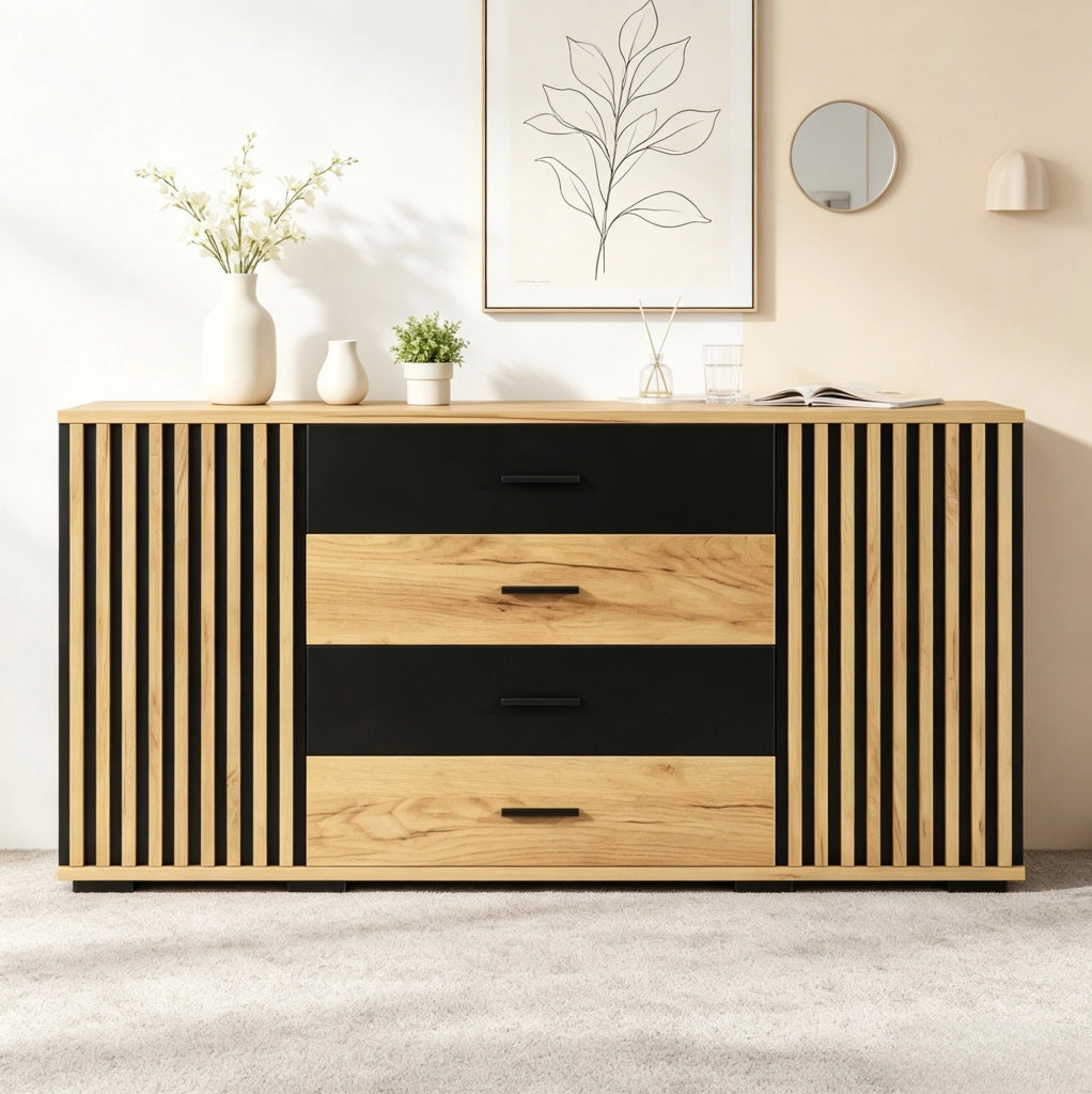 Credenza 140x35x70 cm in MDF; 4 cassetti e 2 ante con ripiani regolabili; nero e rovere