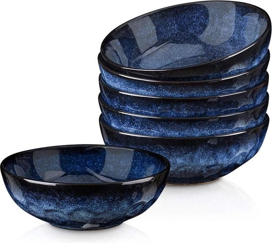 Piatti Ramen Vintage Look Ciotola per Dessert e Cereali - 940 ml Capacità - Blu Celeste - 6 Pezzi - Ceramica