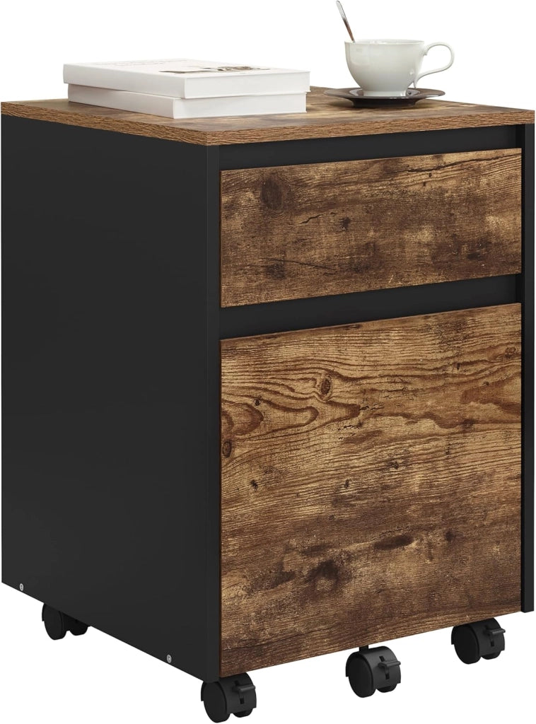 Cassettiera Scrivania con 2 Cassetti, Schedario con Rotelle, Schedario da Ufficio A4, in Legno PB, Effetto Legno Vintage, 40x40x56cm, ASK11hov