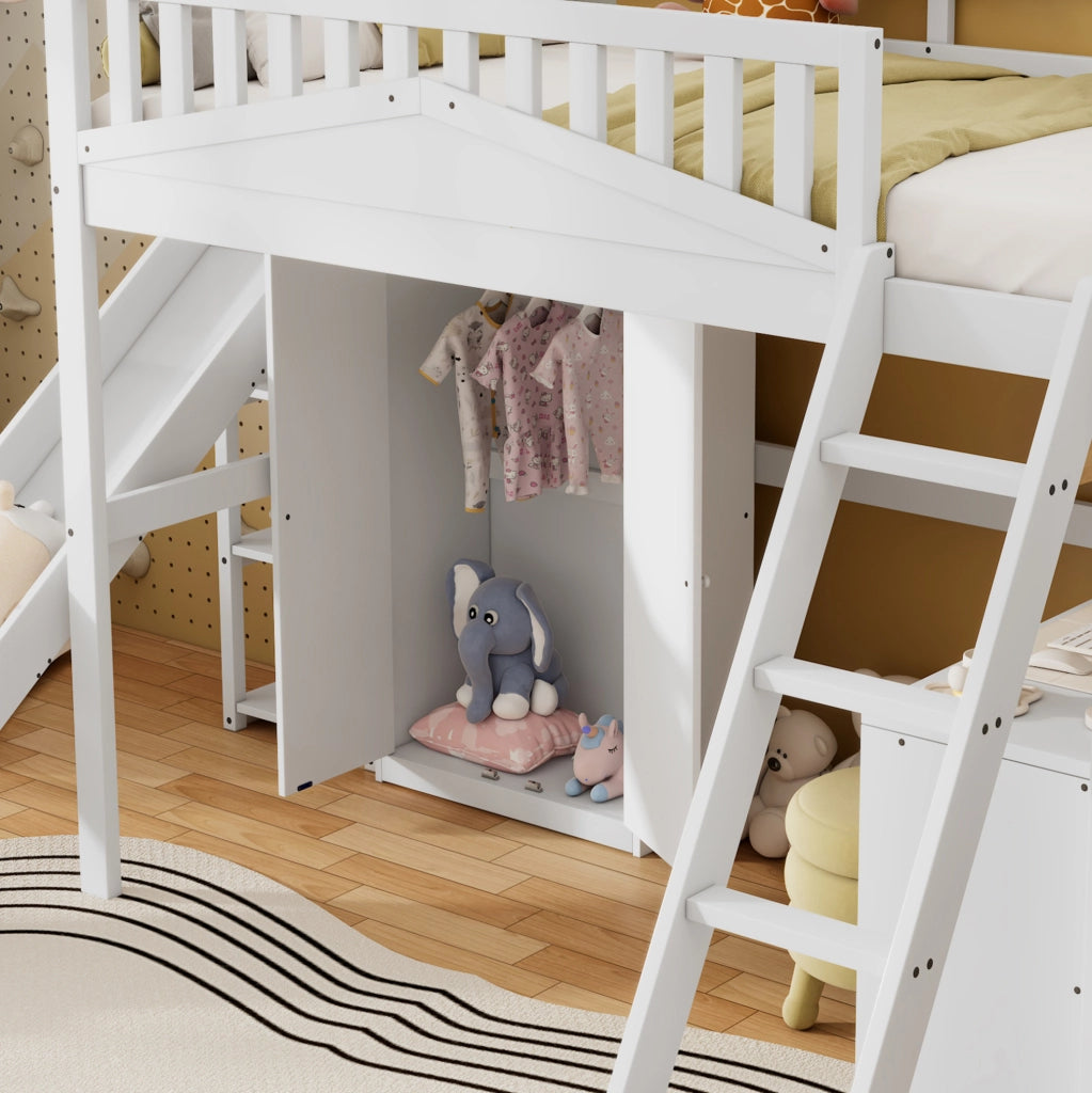Letto a castello multifunzione con scivolo, scrivania, armadio e ripiani