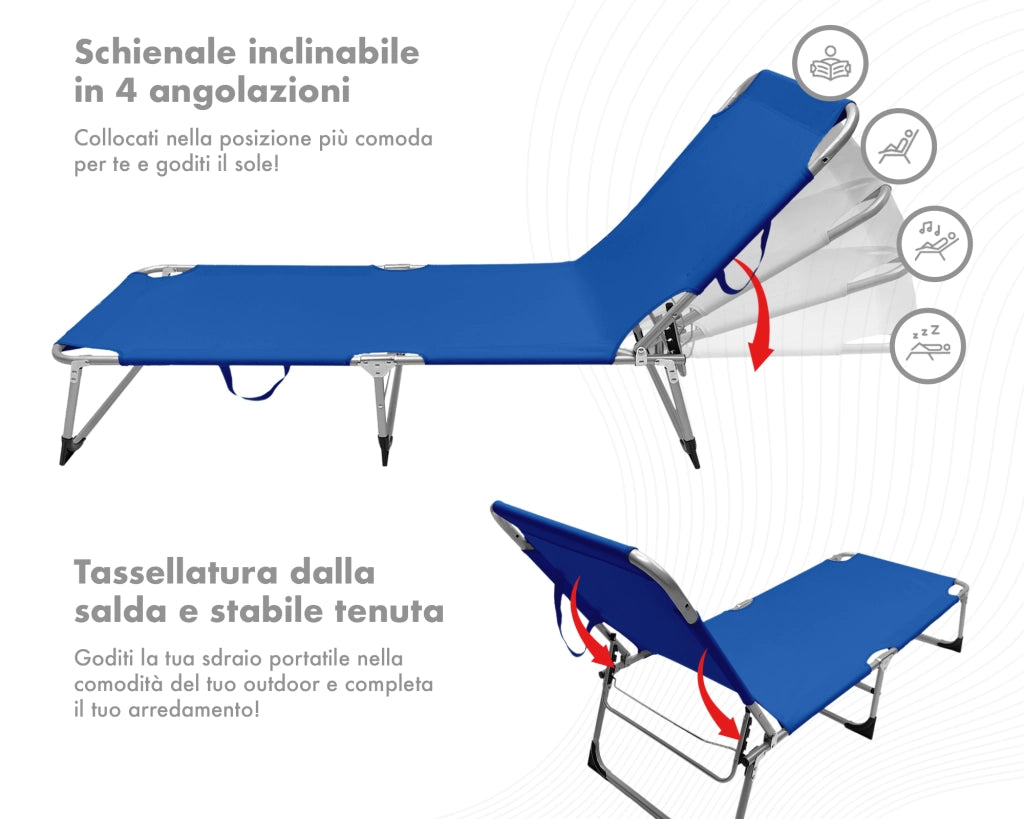 Coppia Set 2 Pezzi Lettino Prendisole Struttura In Alluminio Anodizzato Schienale Regolabile Impermeabile Resistente Raggi Uv Pieghevole Professionale Tessuto Textilene - Blu