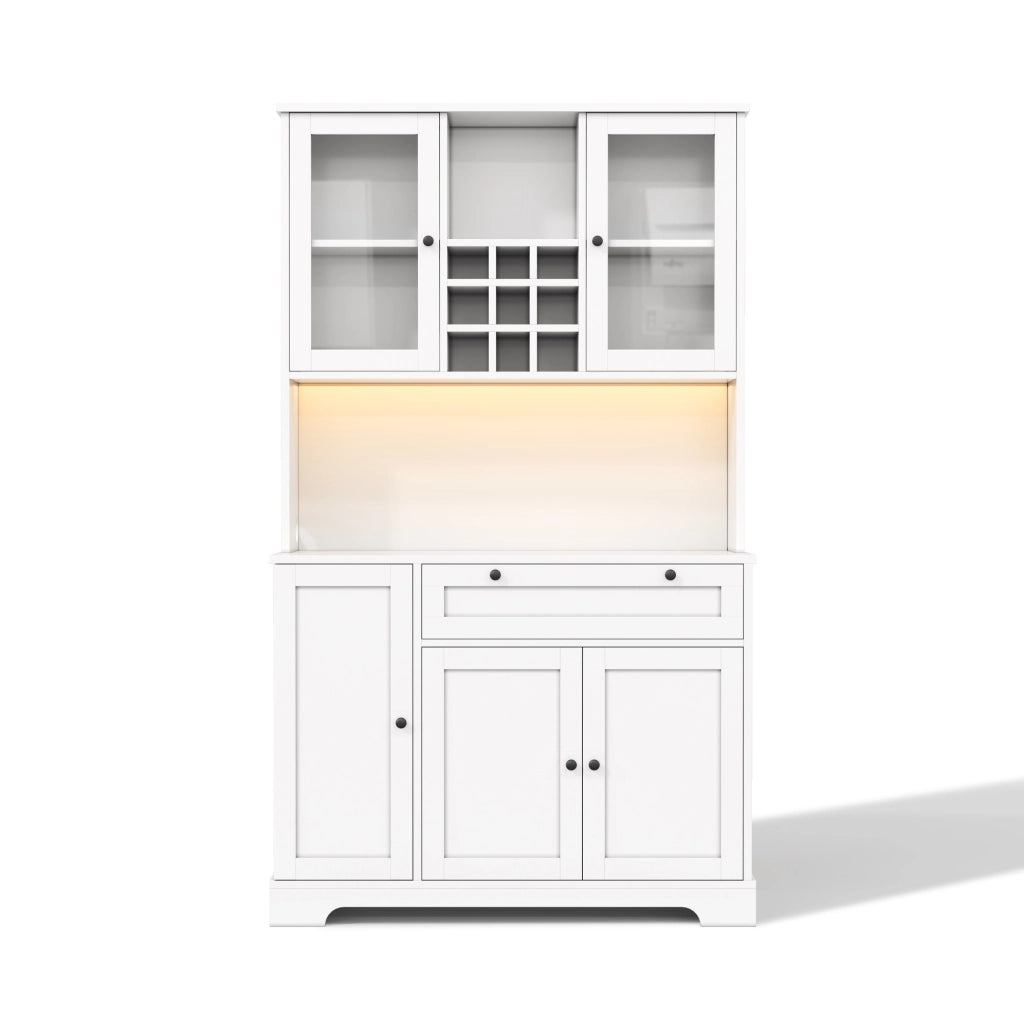 Credenza alta con LED RGB, prese USB e AC, ripiani regolabili e vetrine in vetro temperato, 180 cm