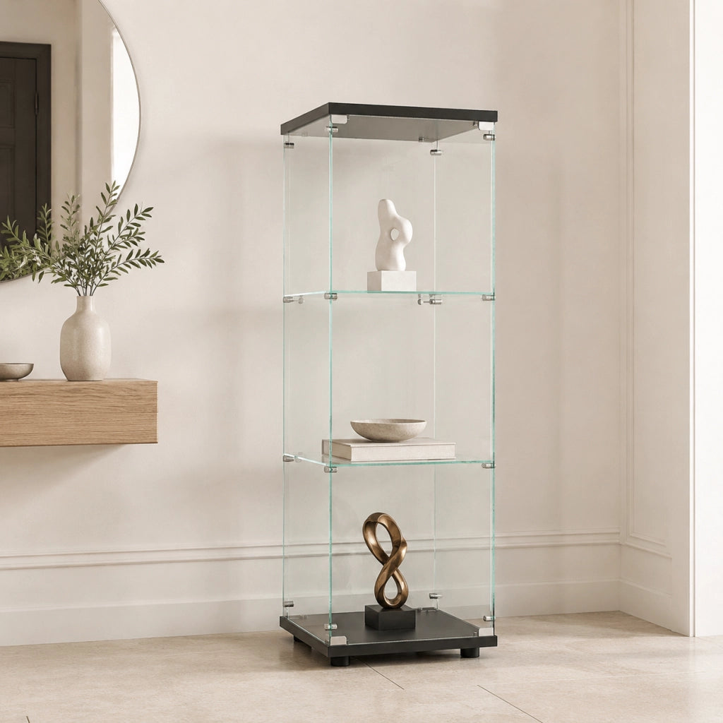 Vetrina espositiva in vetro con serratura, struttura nera, 42,4x36,3x125,2cm, mobile espositore per collezioni e modellini