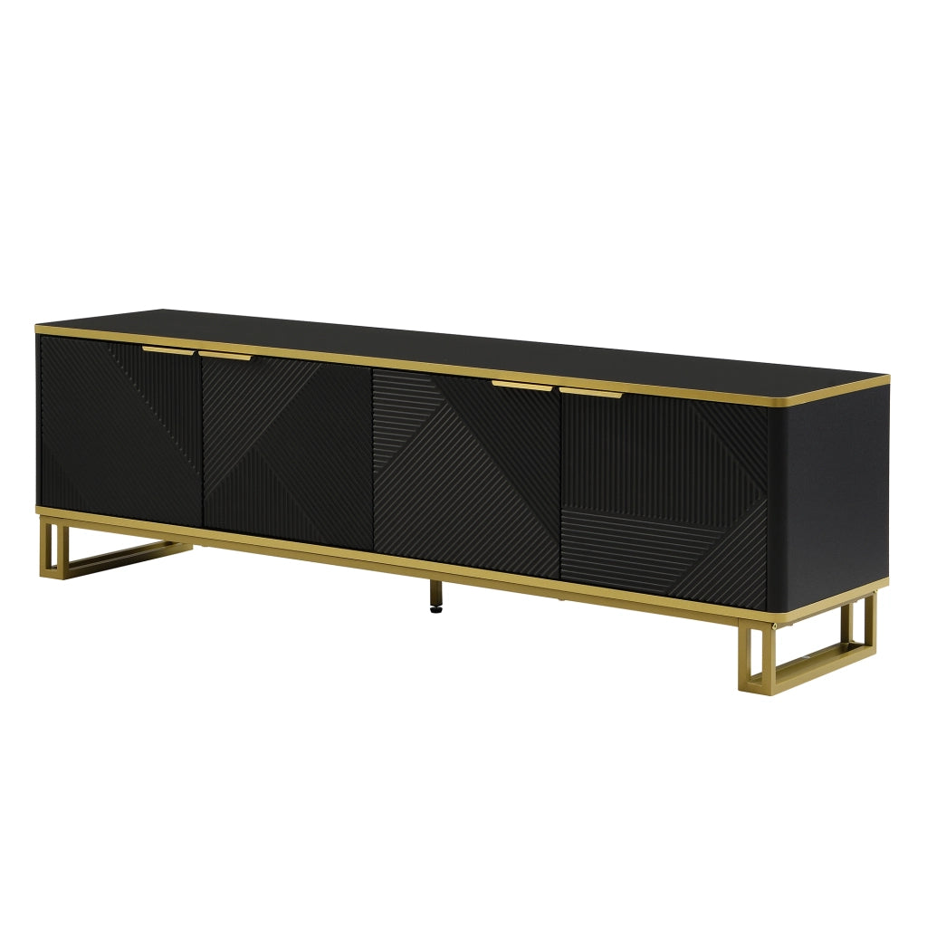 Mobile TV geometrico con quattro ante, struttura in MDF e telaio in ferro, 160 x 37,5 x 48 cm, nero