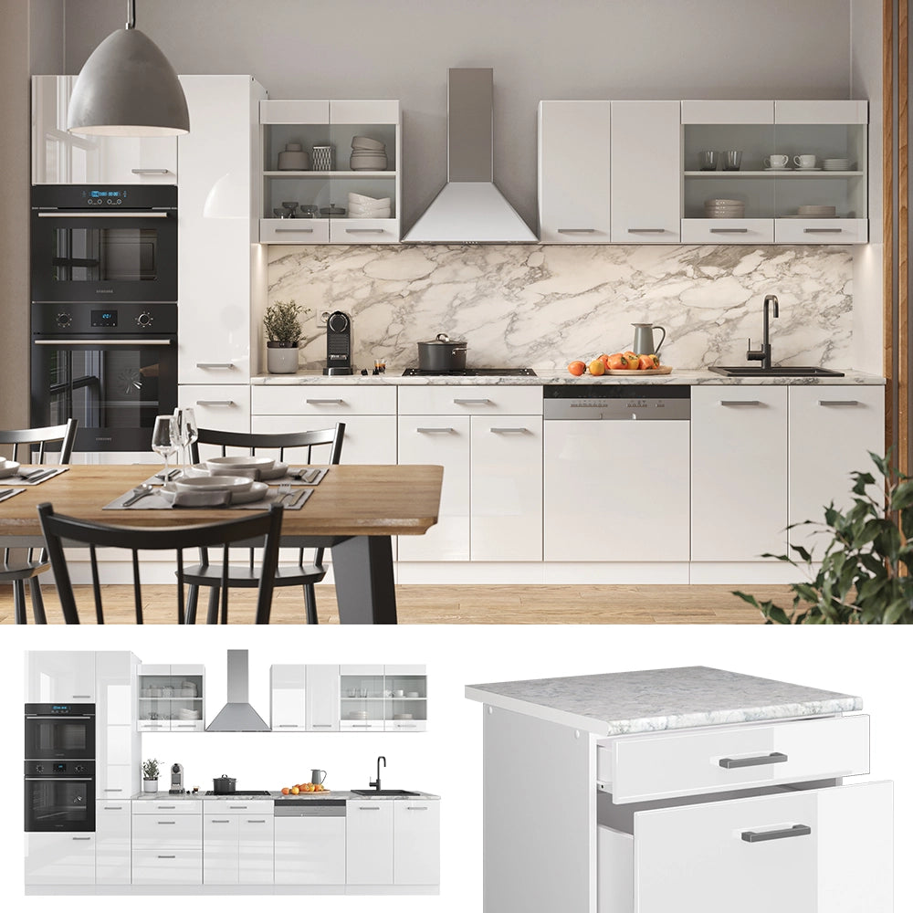 Vicco Cucina componibile Bianco lucido/bianco 350 cm con armadio alto, PL Marmo
