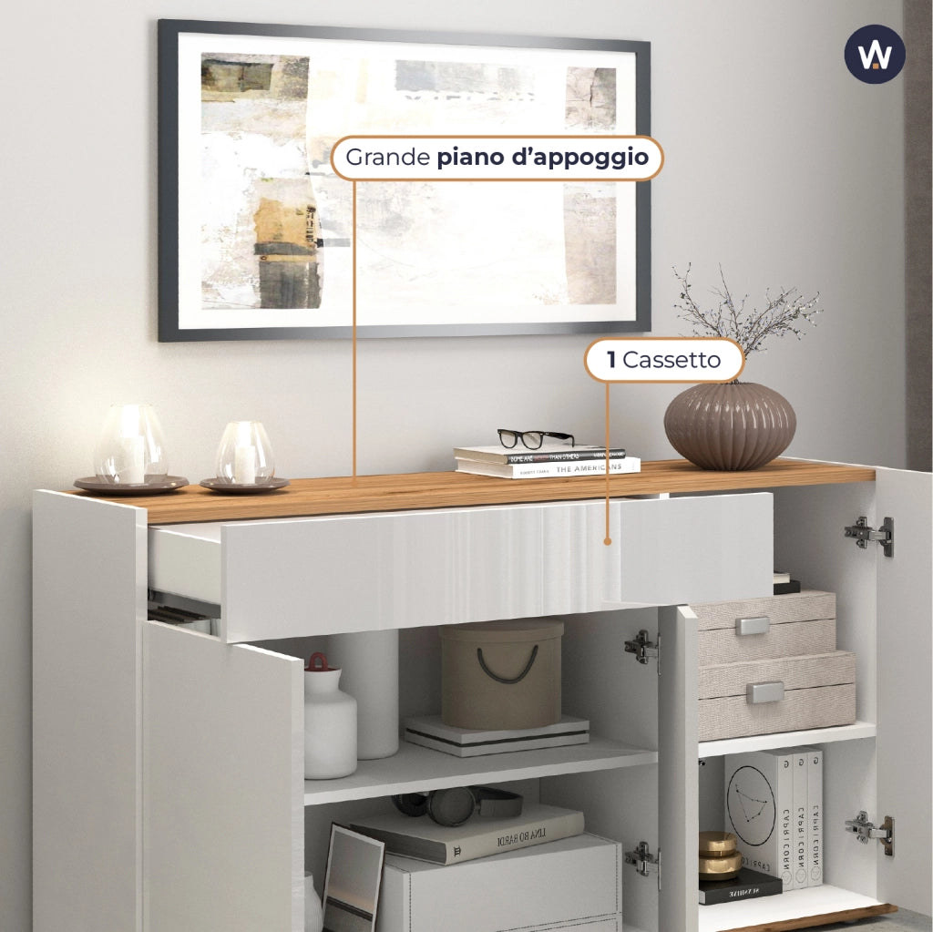 WHOUS Credenza Garda 3 ante e 1 cassetto bianco lucido e rovere 120,1x35x70 cm