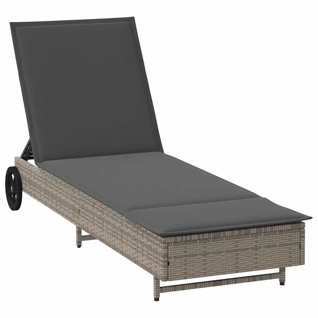 Lettino Prendisole | Sdraio da giardino | Lettino da sole con Ruote e Cuscino in Polyrattan Grigio