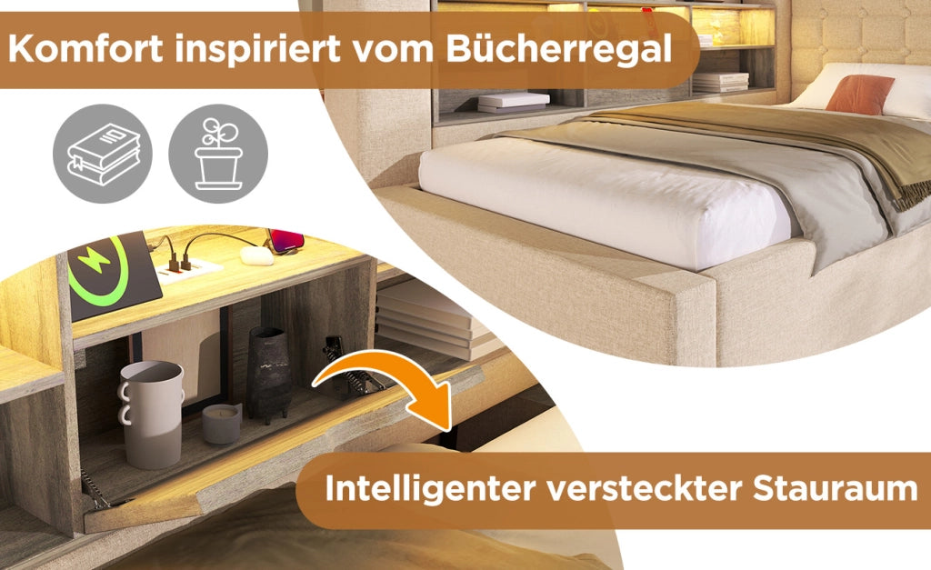 Letto imbottito 140x200 cm beige con LED, USB e materasso H3