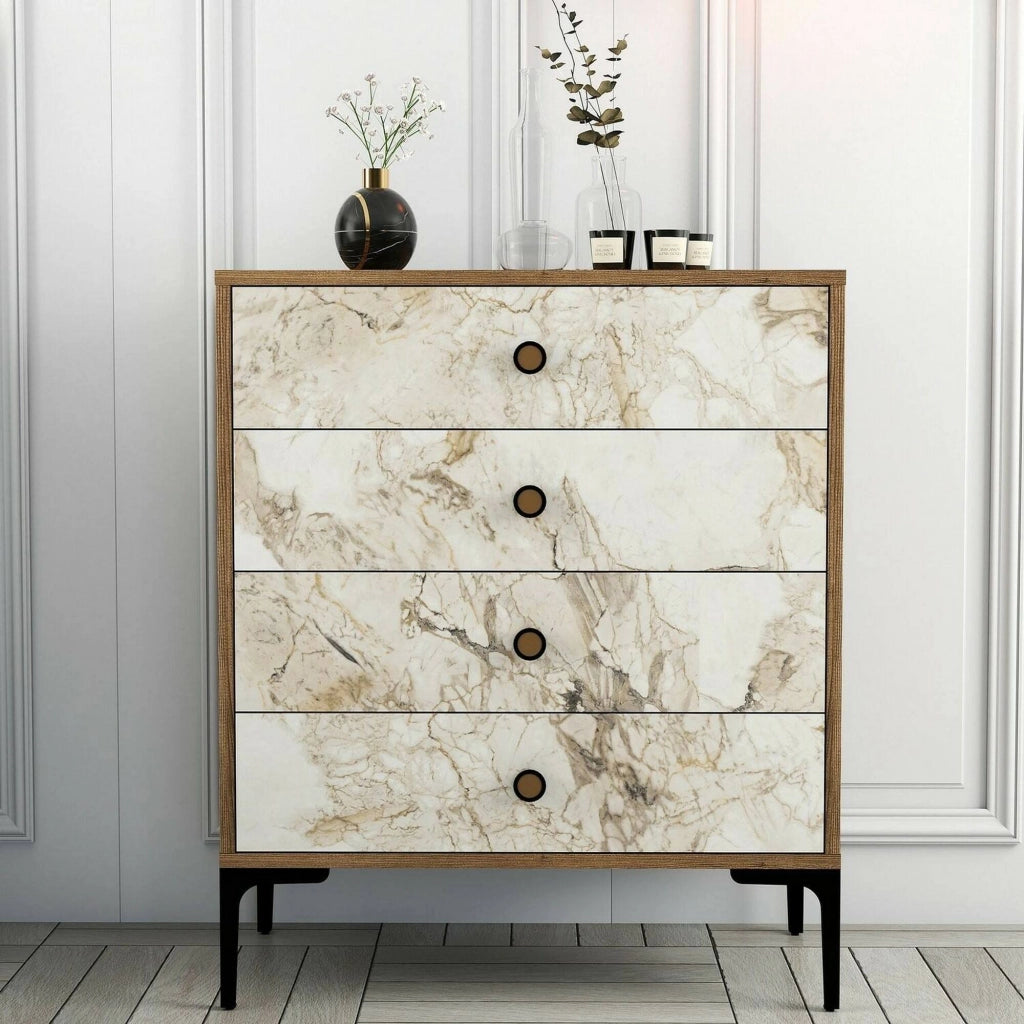 Cassettiera Molly, Settimino multiuso, Comò camera da letto, Mobile con cassetti, 76x40h91 cm, Noce e Bianco Marmo