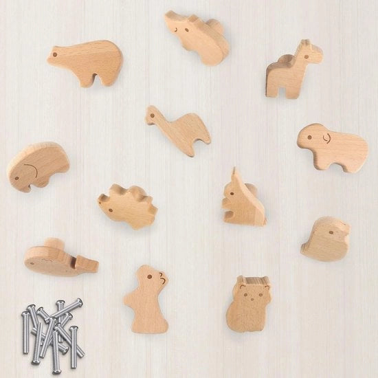 Pomme di legno per bambini - 12 pezzi animali - maniglie per mobili con viti