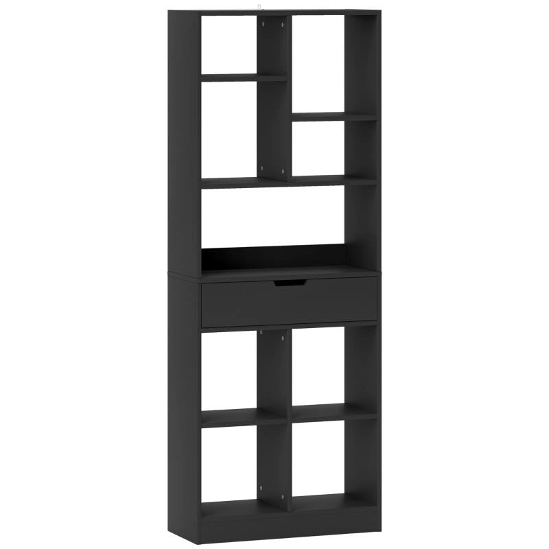 LIBRERIA MODERNA IN LEGNO CON CASSETTO CENTRALE E KIT ANTIRIBALTAMENTO, 60X26X158 CM, NERO
