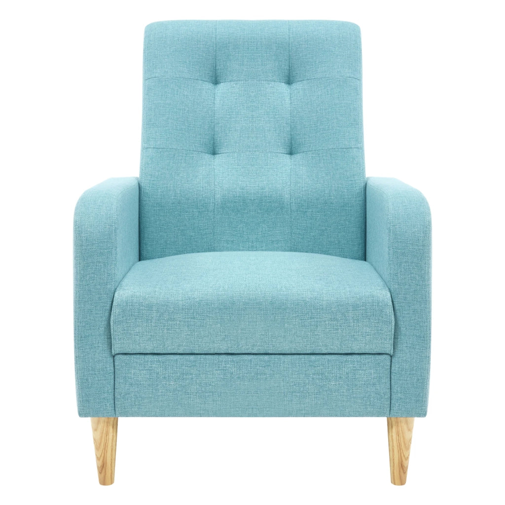 Poltrona imbottita a 1 posto con schienale alto in lino, schiuma e legno, blu, con braccioli 68 × 90,5 × 73,5 cm
