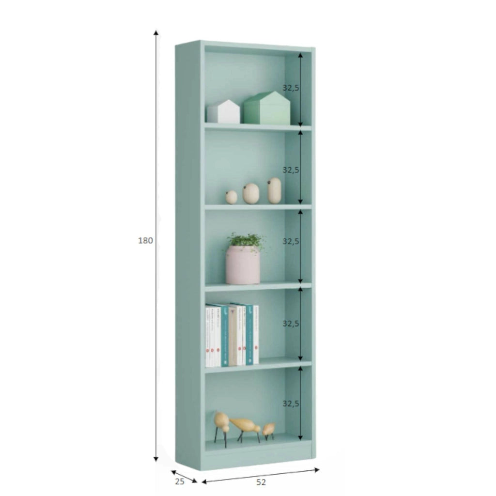 Libreria Artico, Mobile portalibri alta a 5 ripiani, Scaffale da ufficio o cameretta, Scaffale moderno con scomparti, cm 52x25h80, Verde acqua