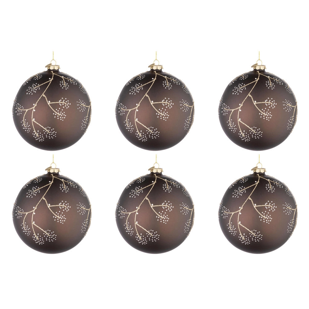Palline di Natale in Vetro Marrone e Rametti Oro Floral Diametro: 80 mm