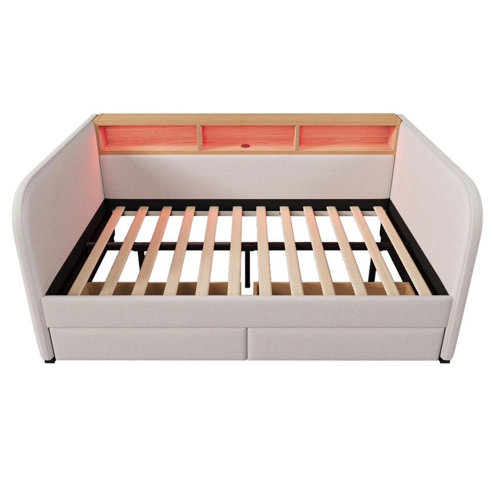Letto Imbottito Contenitore con LED e USB ¨C MINIMAL ¨C Tessuto Beige, 140x190, 2 Cassetti