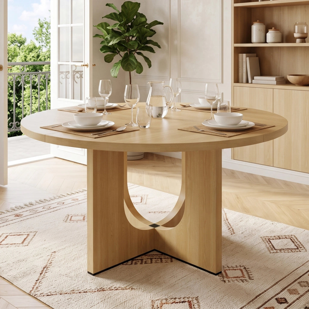 Tavolo da pranzo rotondo 120x120x75 cm per 4-6 persone; stile scandinavo minimalista; MDF effetto rovere