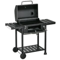 Barbecue a Carbone con Coperchio con Termometro, Griglia Regolabile, Ruote e Tavolini, Nero
