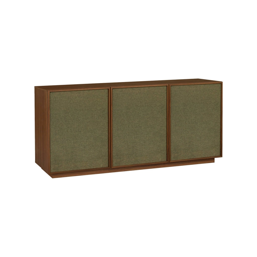 Credenza decorativa in legno e tessuto 3 ante 160 cm, noce