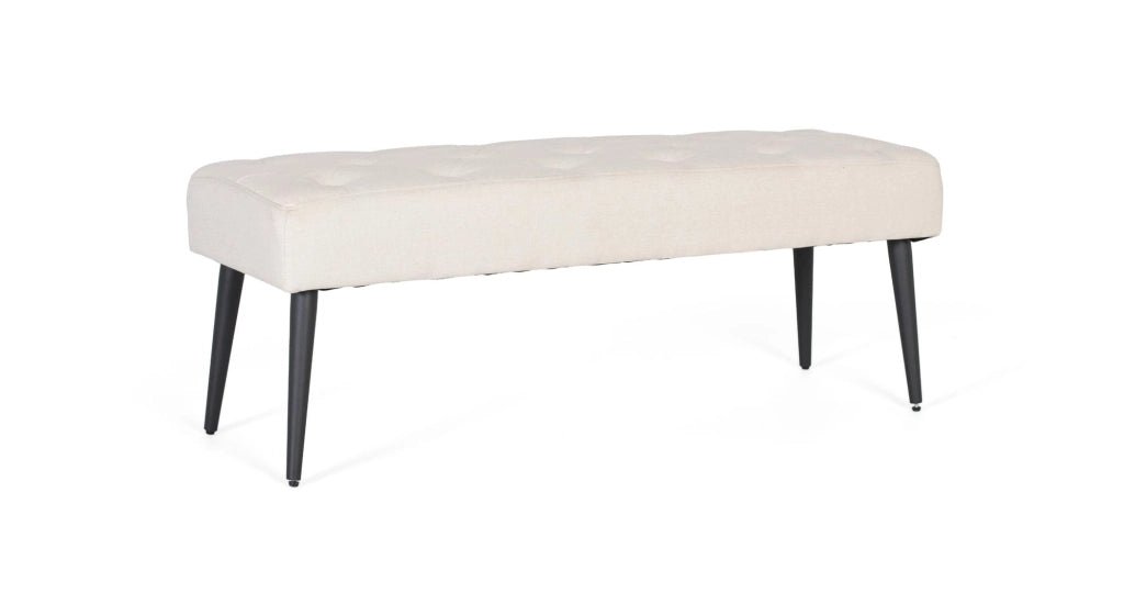 Panca in tessuto beige con gambe in ferro nero