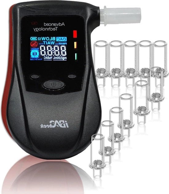 Controlla il Livello di Alcol con Funzione di Avviso - Batteria Ricaricabile - Orologio a Tempo Reale - Bassa Consumazione in Standby - 10 Ricordi - 12 Bocchette per Test di Alcol