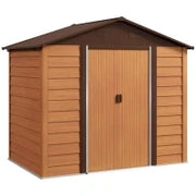 Casetta da Giardino in Acciaio Effetto Legno con Doppie Porte Scorrevoli, 236x196x208 cm, Marrone