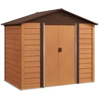 Casetta da Giardino in Acciaio Effetto Legno con Doppie Porte Scorrevoli, 236x196x208 cm, Marrone
