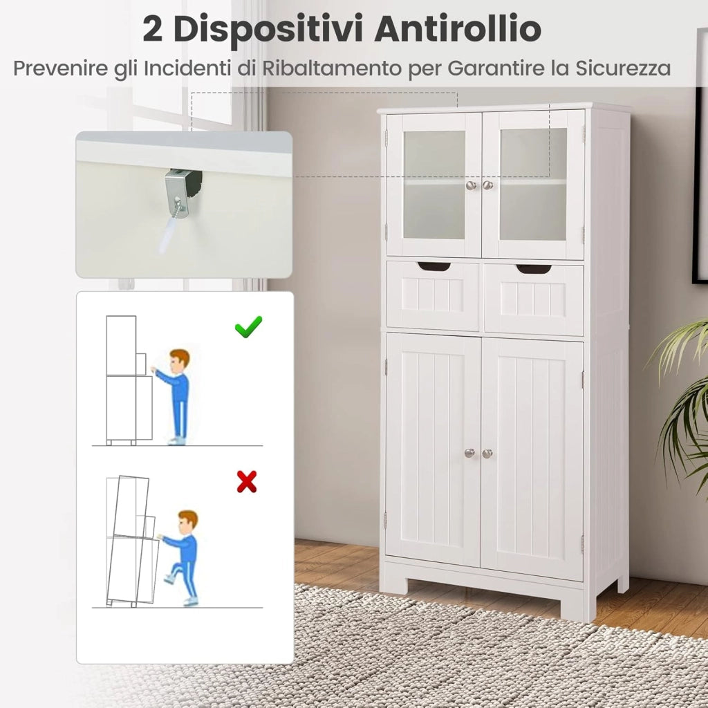 Armadio da Terra con 4 Ante, Mobile da Bagno con 2 Ante in Vetro 2 Cassetti e Ripiani Regolabili, Armadio Multifunzionale per Bagno e Soggiorno (Bianco, 60x30x128cm)
