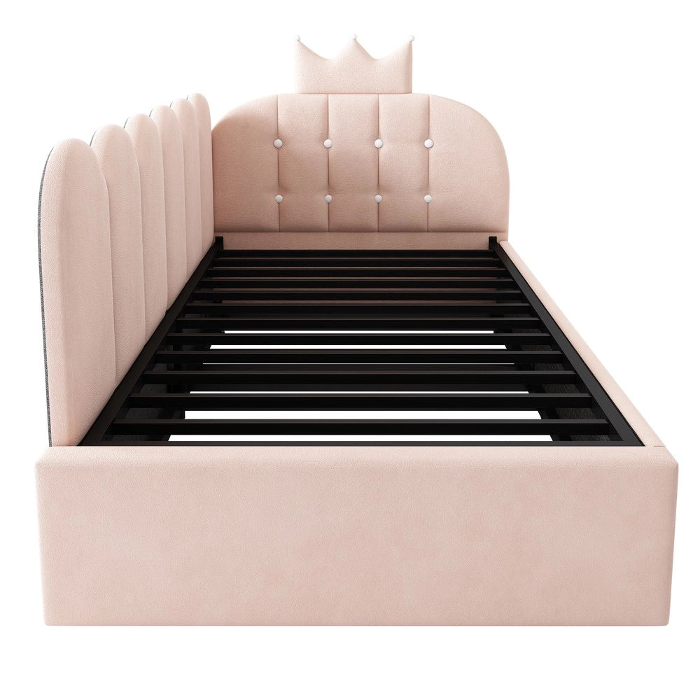 Sofa letto estraibile 90x200 cm - Zephmum- L-Form, velluto rosa, design corona e griglia