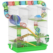 GABBIA PER CRICETI A 5 PIANI CON TUBI COLORATI, RUOTA, CASETTA E ACCESSORI, 47X30X59 CM, VERDE