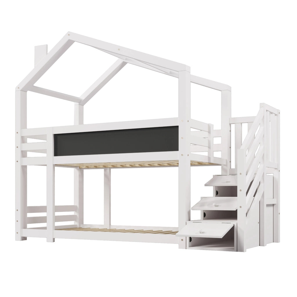 Letto a castello a forma di casa ULEVR 90x200 cm bianco con scala contenitore e lavagna