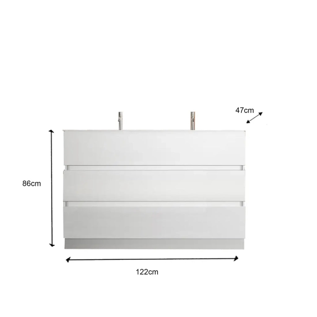 Mobile da bagno con due lavabi e 3 cassetti, collezione VIENNA. Colore bianco lucido.