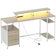 Scrivania per computer, con luci LED regolabili, 2 prese, porte USB, cassetti e ripiani 155,5x48x88,5cm Legno naturale