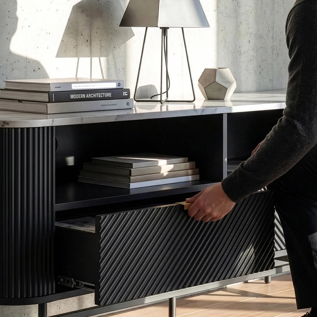 Mobile Porta TV Olvehok con Cassetti e Scomparti Aperti 140x40x55cm Nero / Effetto Marmo Bianco [en.casa]