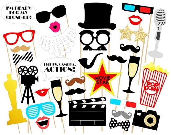 Set di accessori fotografici da 33 pezzi - Accessori divertenti per la fotografia - Snodi/Labiali/Occhiali - Cartone duraturo - Bastone di bambù - Per feste/fotografia - Accessori fotografici da attrezzatura