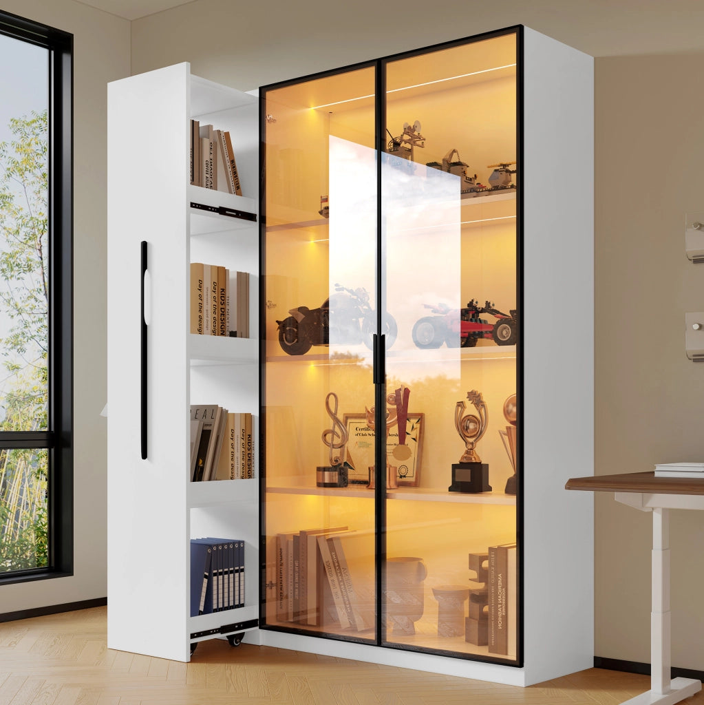 Vetrina LED 110，5x35x160 cm in MDF bianco con vano laterale