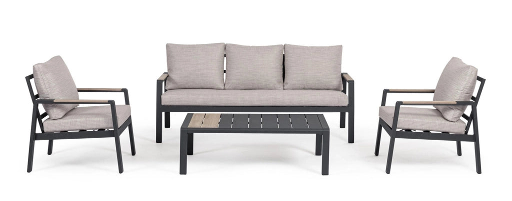 Set 4 Pezzi Salotto da Giardino con Divano 2 Poltrone e Tavolino in Alluminio e Polywood Elna Antracite